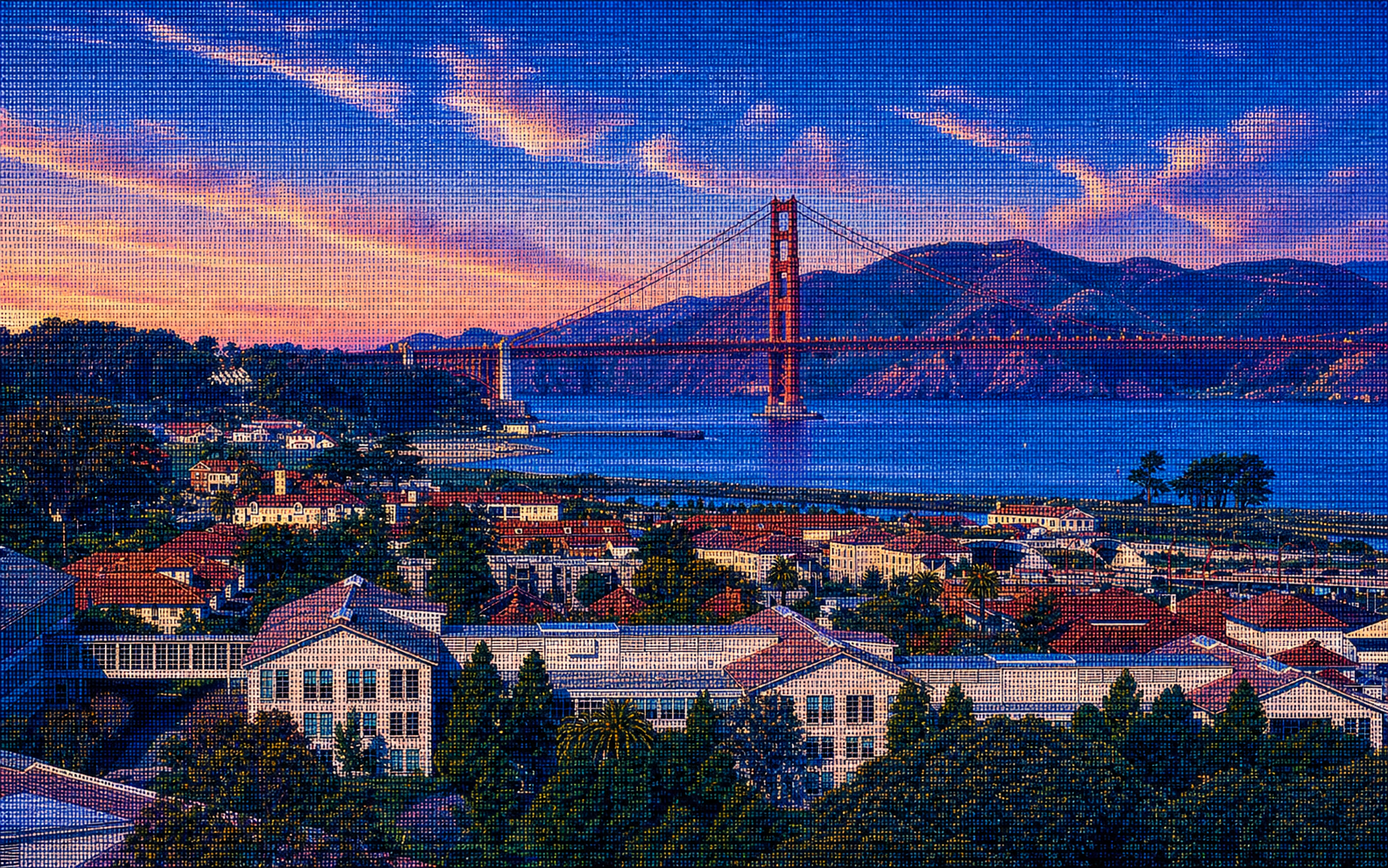ASCII mosaic artwork of the Golden Gate Bridge viewed across the Presidio