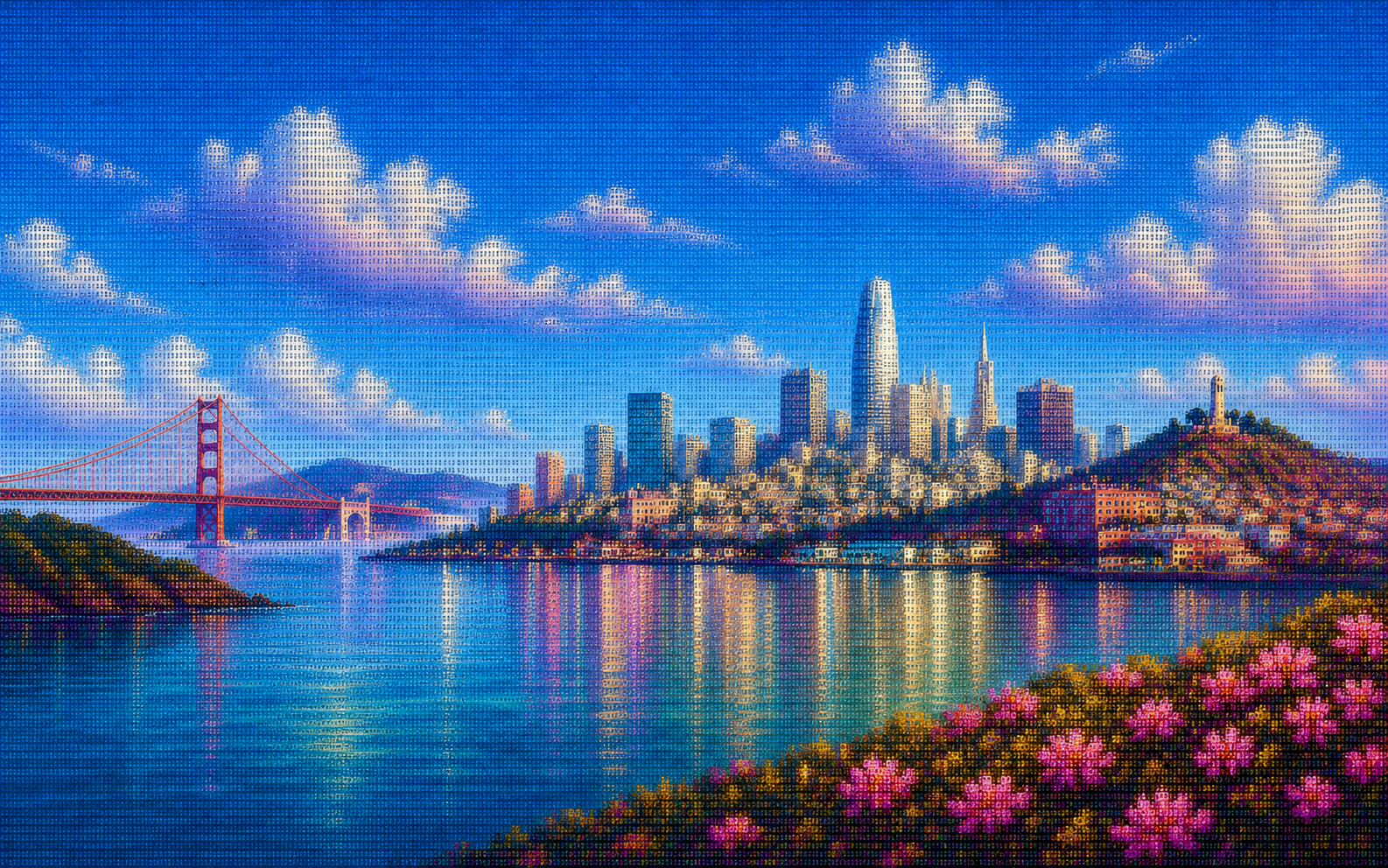 Colorful ASCII artwork of the San Francisco skyline